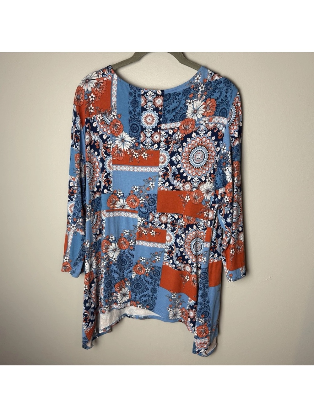 Ruby Rd Tunic Top Sz Large Blue Orange Floral Patchwork Boho 3/4 Sleeves Stretch - Picture 5 of 7